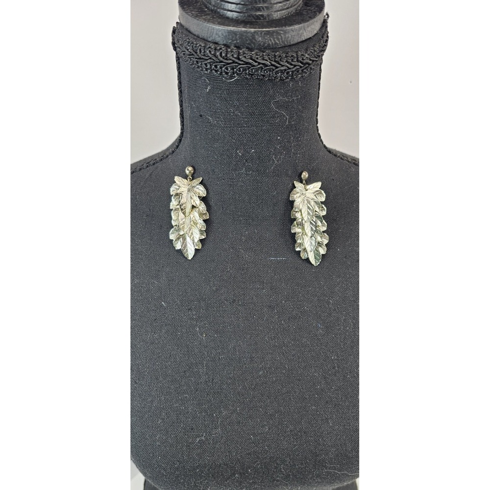 Vintage Silver Clad Layered Leaf Dangle Earrings Nature Statement Boho Chic